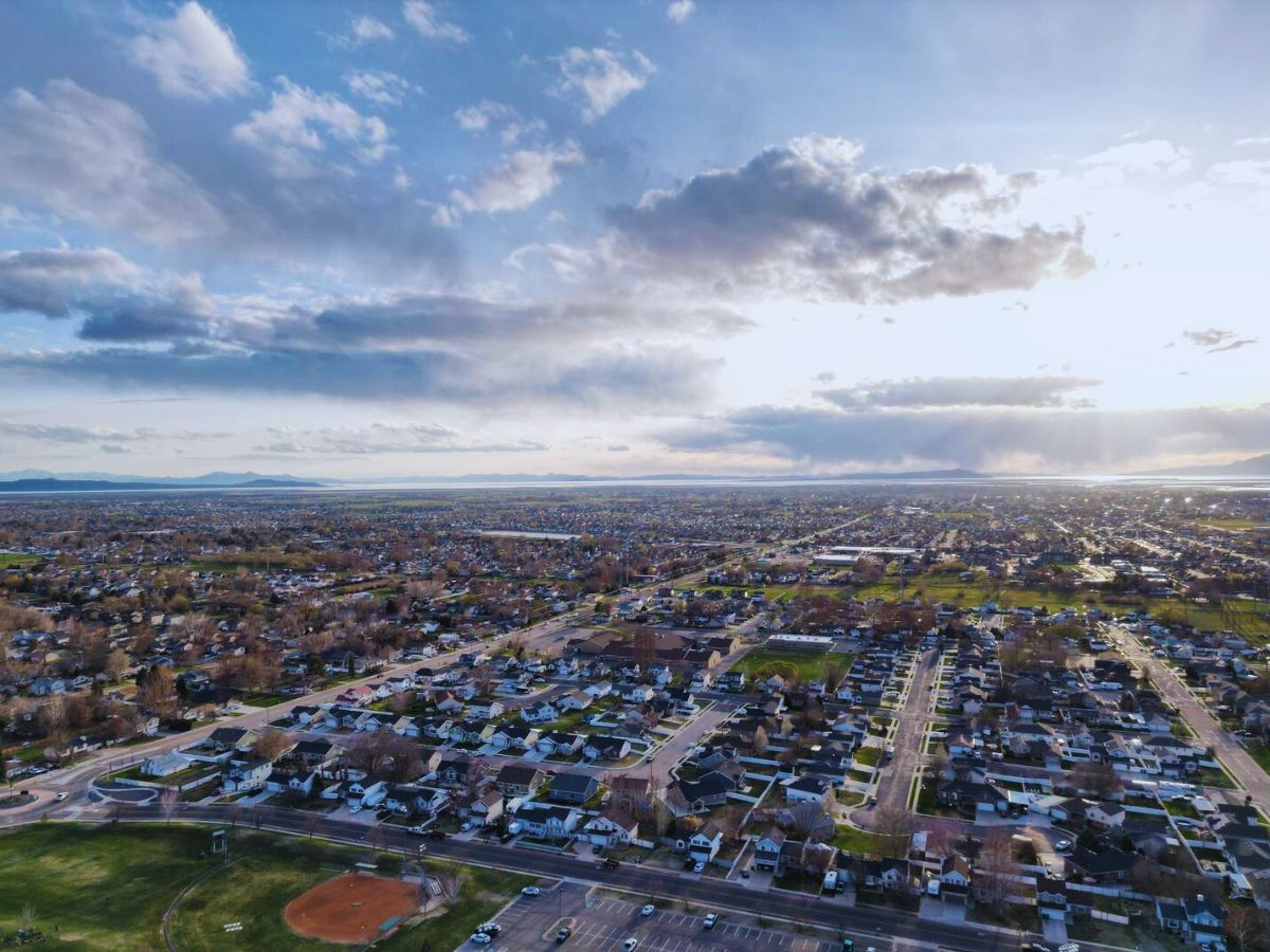 An aerial view of an urban area, Roy, UT